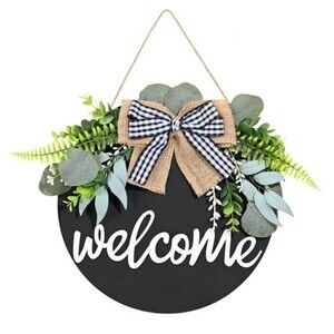 Welcome Wood sign Eucalyptus Farmhouse Wreath Rustic  Buffalo Bow Front Porch.